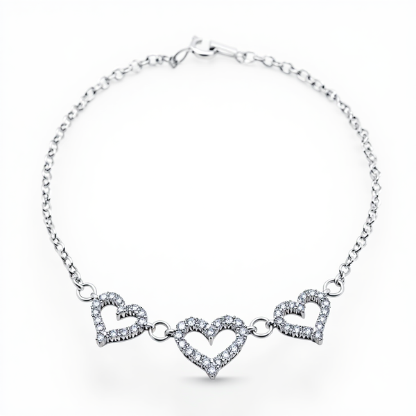 Pulseira Prata Três Corações Cravejado