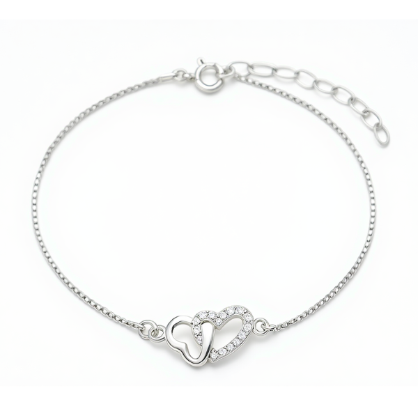 Pulseira Prata Coração Duplo Cravejado